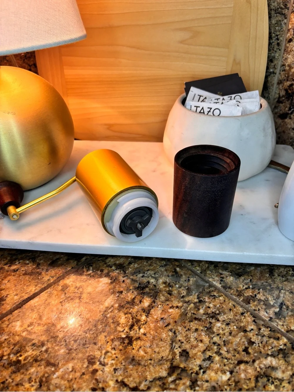 Vintage Mid Century Modern Manual Coffee Grinder Brass Tone Wood Hand Crank Burr